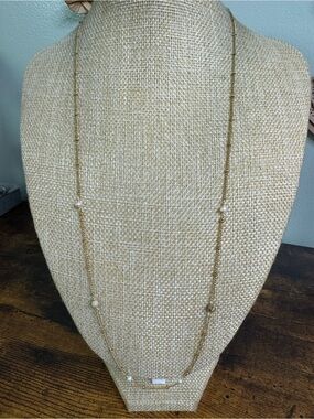 Gold Tone Dainty Station Necklace with Genuine White Pearl and Stone Beads